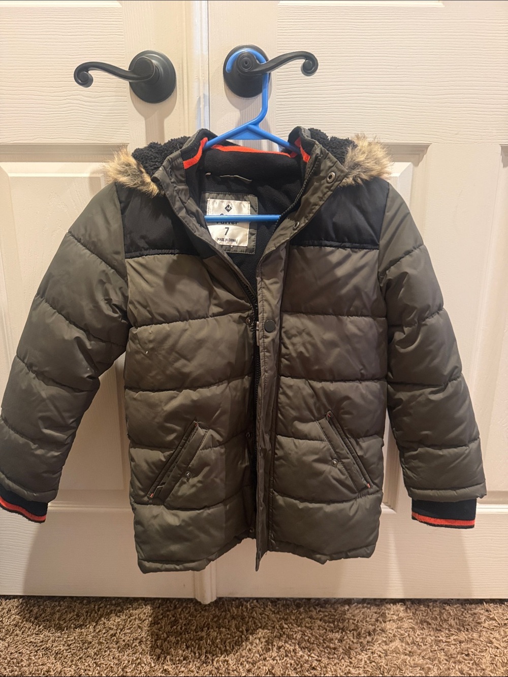Kids Olive Green Puffer Jacket with Faux Fur Hood